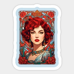 Bohemian Red Haired woman retro vintage floral design Sticker